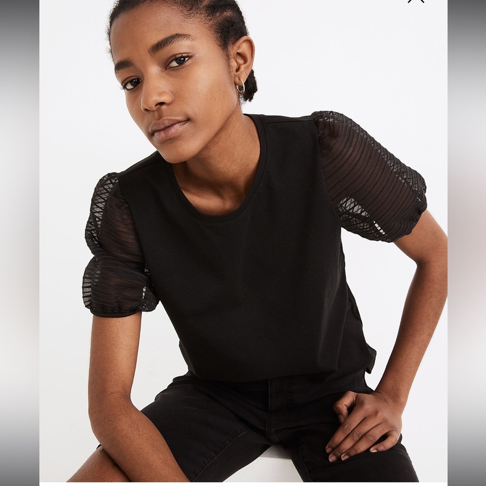 Striped Sheer-Sleeve Knit Top Black